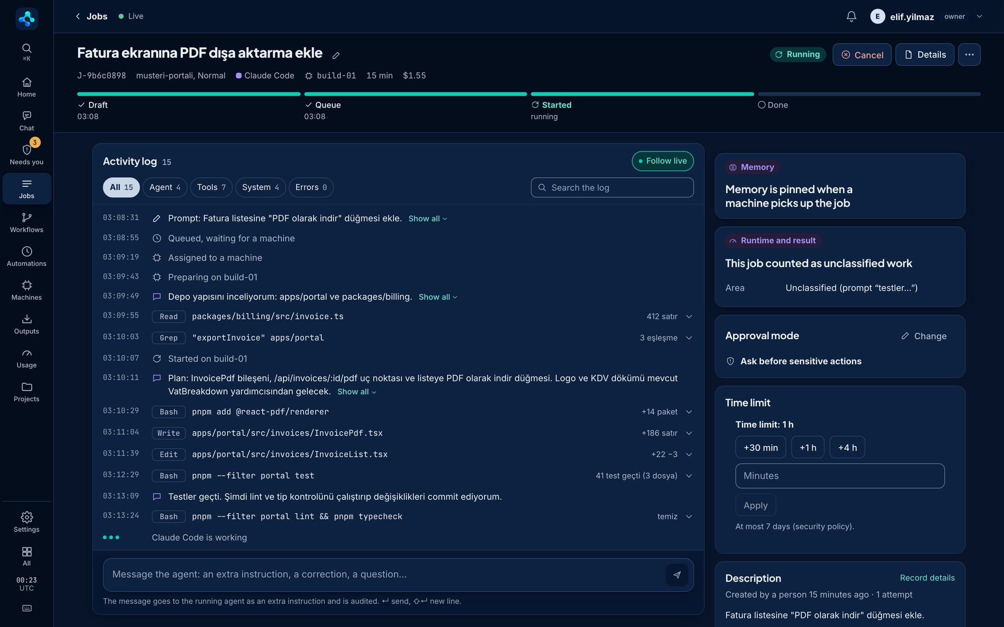 Live job page: stage bar, step-by-step activity log and a box to instruct the running agent.