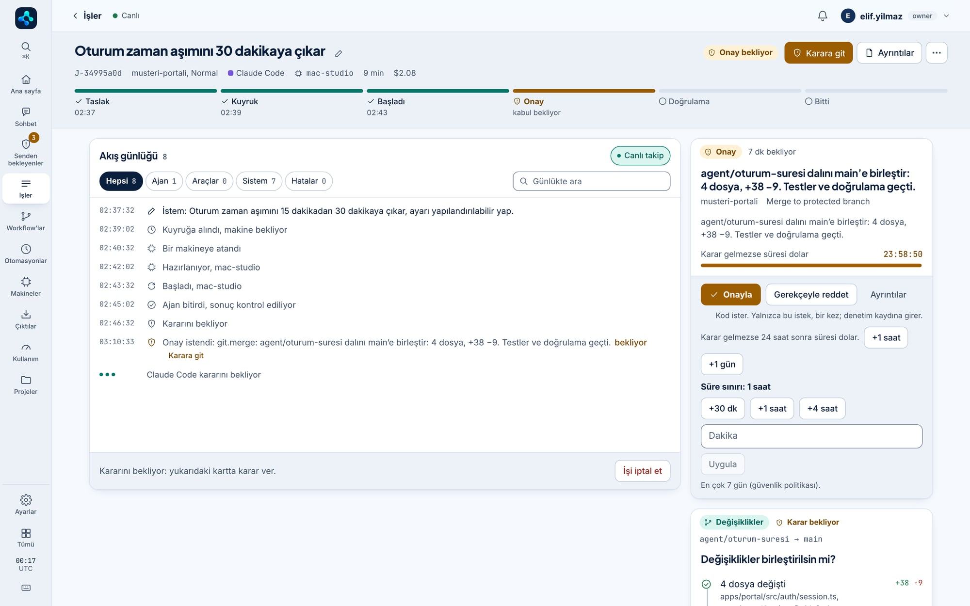 Birleştirme kararı: değişen dosyalar, platform doğrulaması, CI kontrolleri ve onay kartı.
