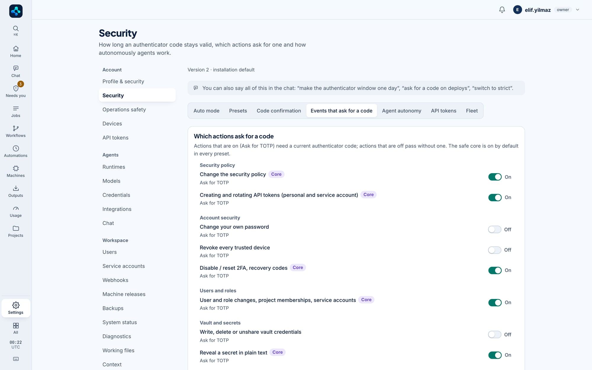 Events that require a code: per event, whether an authenticator code is asked.